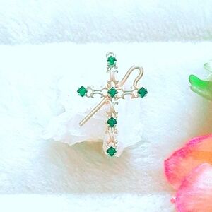 Brooch/Pendant Emerald Green, Gold Toned Cross, Shepherd's Crook